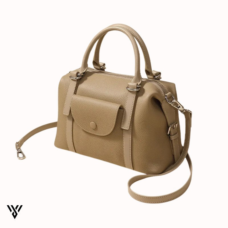 Versatile Contrast Leather Lock Bag for women, a trendy, stylish, and luxurious shoulder/handbag in Beige color - VAYOME.