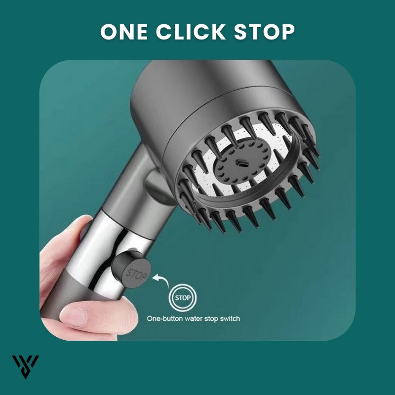 VortiFlow Shower Head, high-pressure water purification, featuring a one-click stop button for flow control and healthier skin/hair - VAYOME.