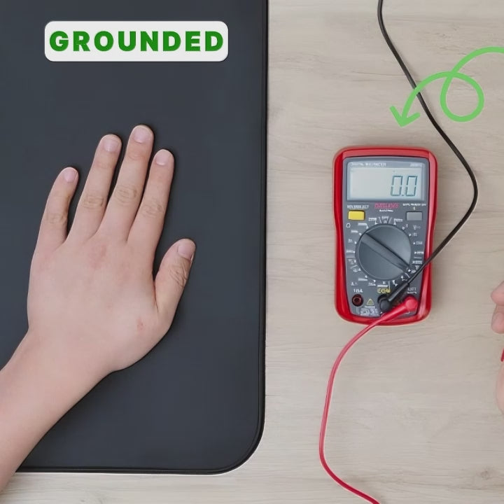 CoreBalance Grounding Mat feature video, demonstrating how grounding voltage drops to zero when hands touch the mat - VAYOME.
